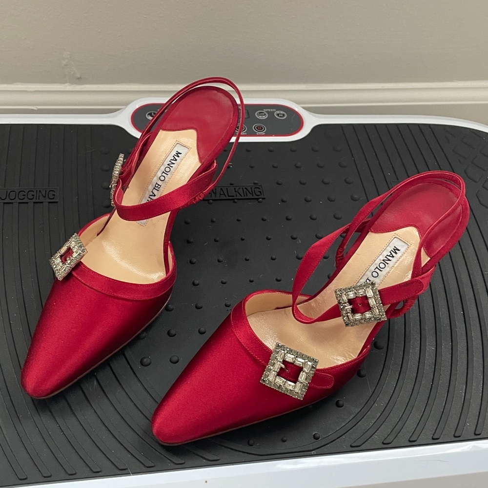 Manolo Blahnik Red Satin Heels with Crystal Buckles